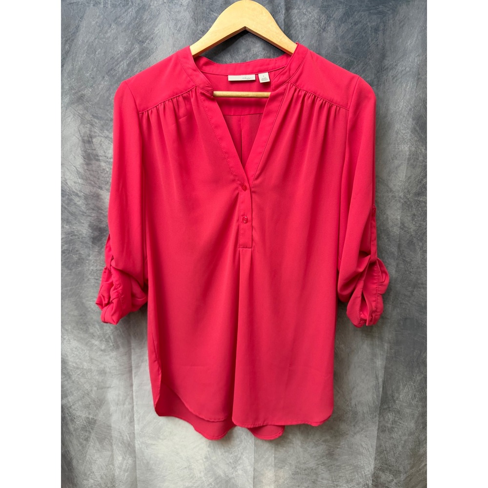 Womens Pink V-Neck Roll Tab Sleeve Chiffon Blouse Size Small ChicWorkwear